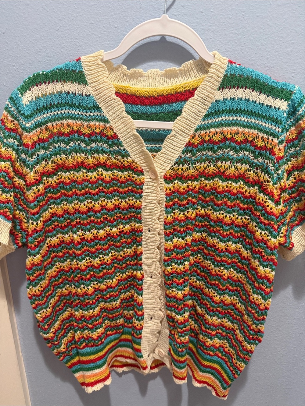 SHEIN Multicolor Striped Knit Short-Sleeve Cardigan with Cream Trim